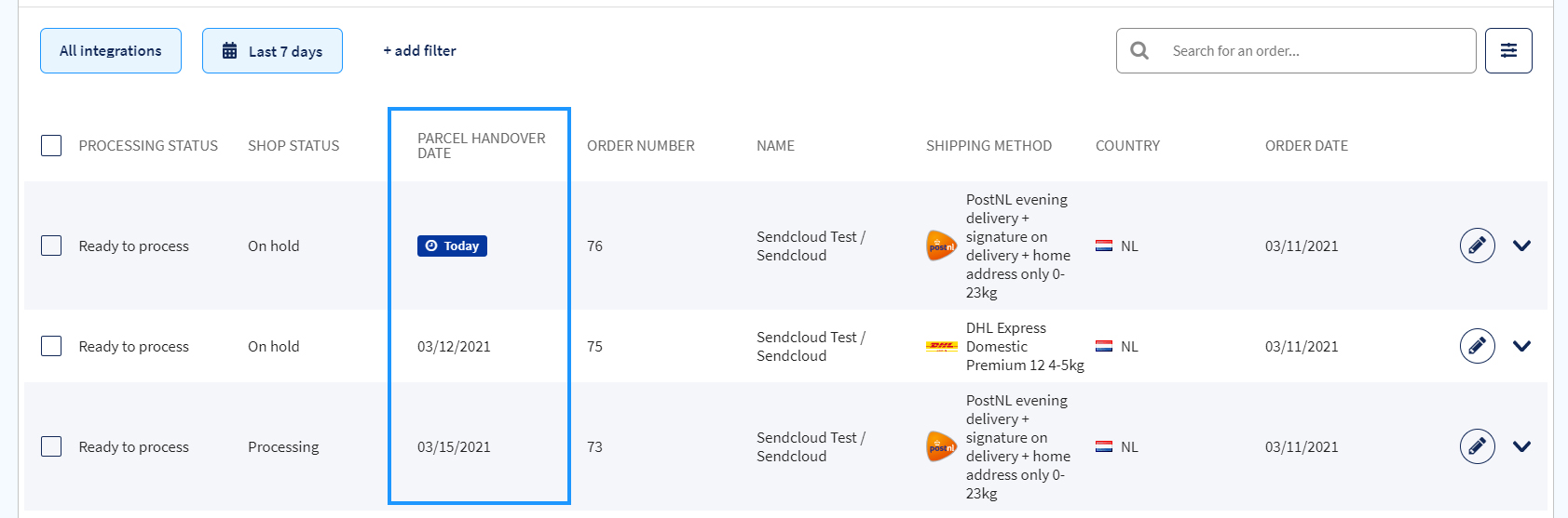 Incoming order overview with parcel handover date