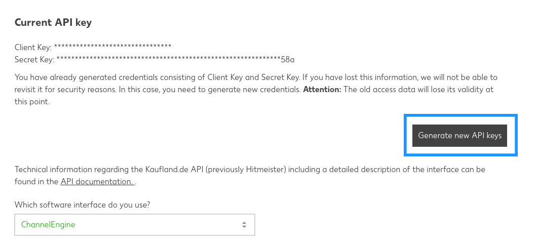 Generate new API key button on the API page in the Kaufland Seller Portal